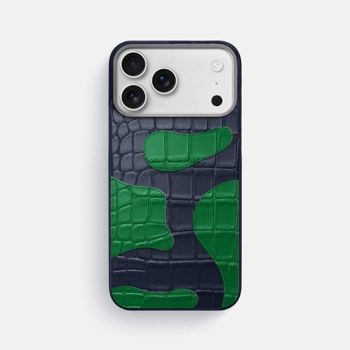 Navy Blue iPhone 17 Pro Max Camouflage Case In Alligator with Steel Metal -1 | Navy-Blue-Steel
