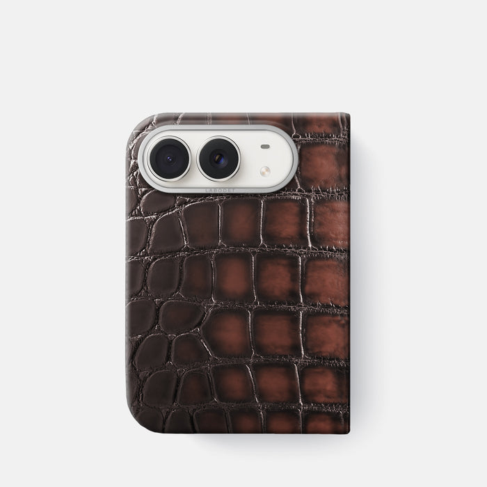 Classic Case For iPhone Duo In Patina Alligator -1 | Havana-Brown-Steel