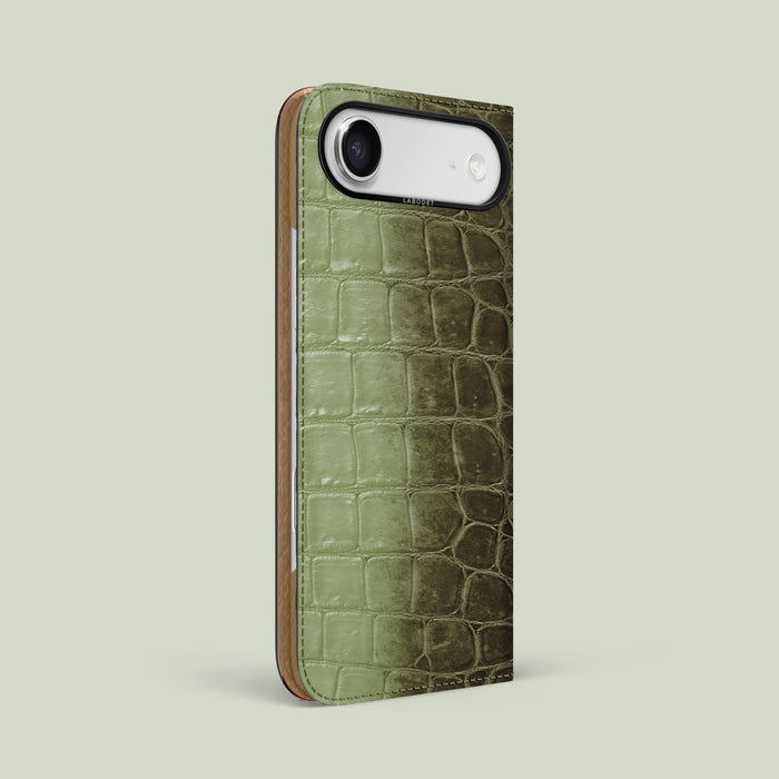 Folio Case Celadon Green For iPhone 17 Air In Himalayan Crocodile with Black Metal -1 | Celadon-Green-Black
