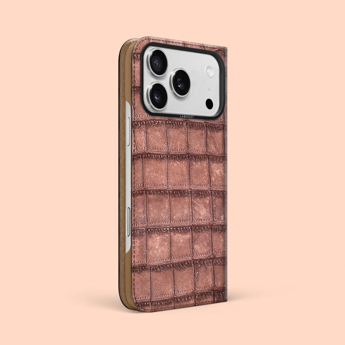 Nubuck-Cacao iPhone 17 Pro Max Folio Case 1/1 Alligator with Black Metal -1 | Nubuck-Cacao-Black