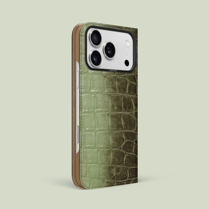 Folio Case Celadon Green For iPhone 17 Pro Max In Himalayan Crocodile with Black Metal -1 | Celadon-Green-Black