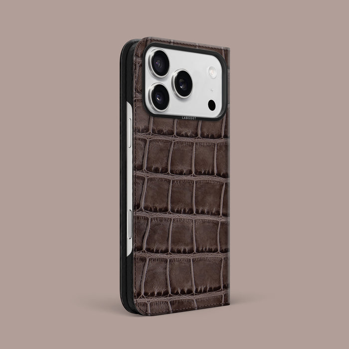 Iced-Chocolate iPhone 17 Pro Max Folio Case 1/1 Alligator with Black Metal -1 | Iced-Chocolate-Black