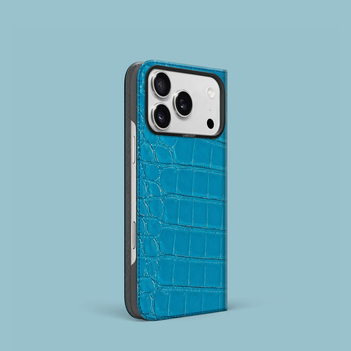 Turquoise-Lagoon iPhone 18 Pro Folio Case 1/1 Alligator with Black Metal -1 | Turquoise-Lagoon-Black