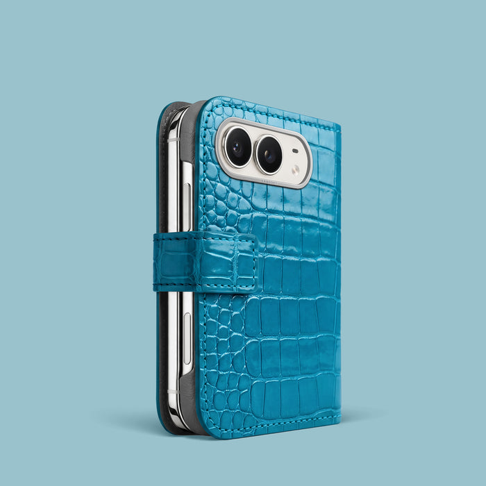 Folio Case 1/1 For iPhone Duo In Alligator with Steel metal -1 | Turquoise-Lagoon-Steel