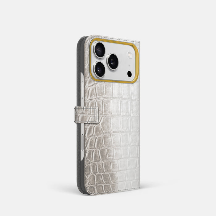 Folio Case with Clasp For iPhone 18 Pro In Himalayan Crocodile -1 | Grey-Gold