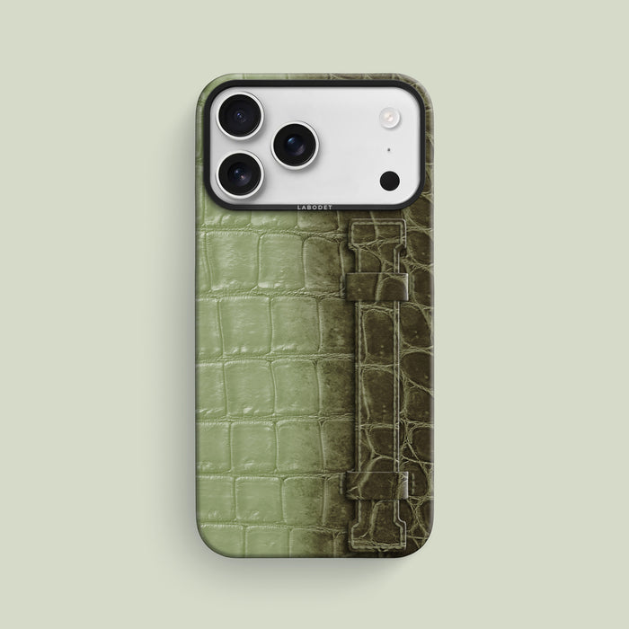 Celadon Green iPhone 17 Pro Max Handle Case Himalayan Crocodile with Black Metal -1 | Celadon-Green-Black
