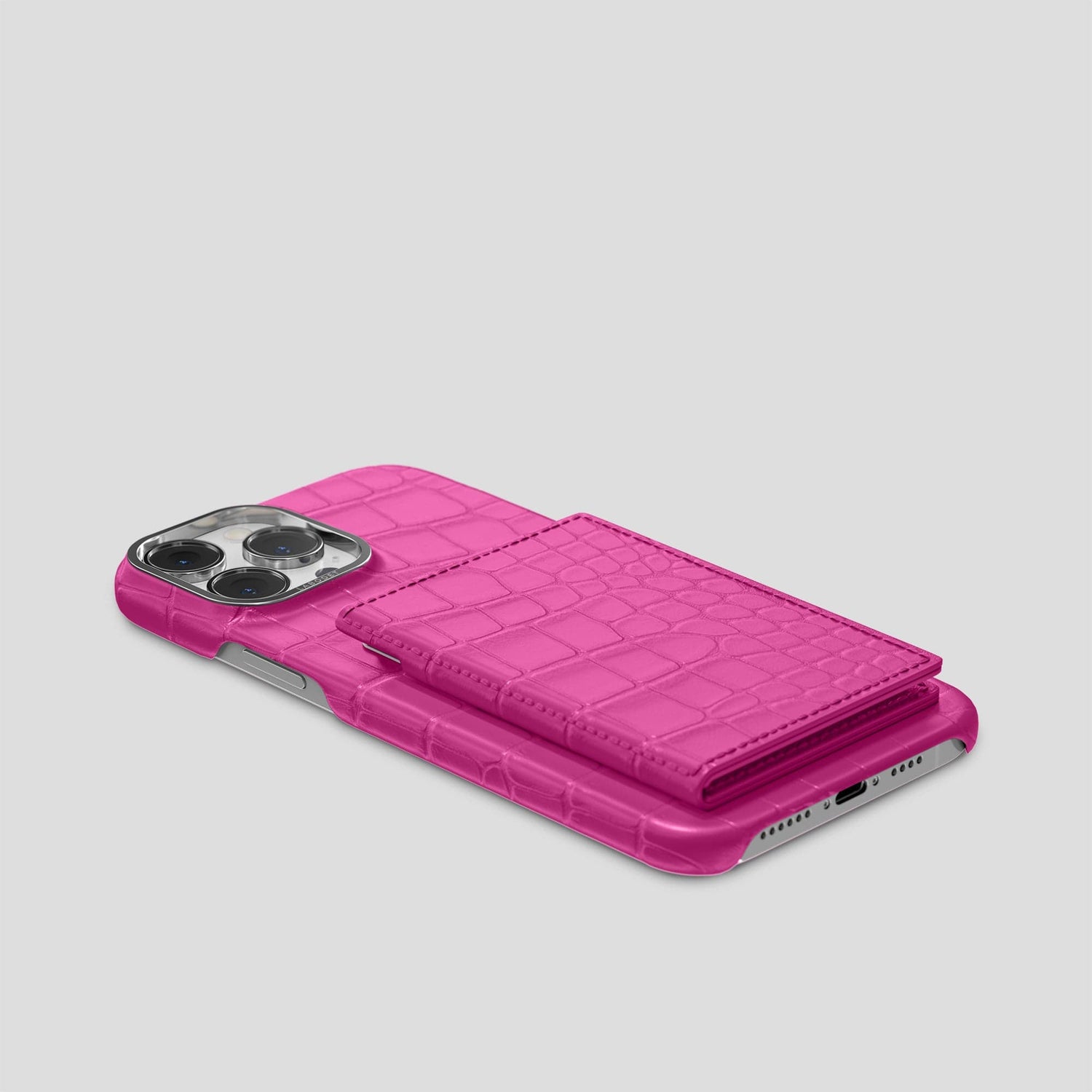 Fuchsia iPhone 15 Pro Bi-Fold Case Alligator with Steel Metal -4 | Fuchsia-Steel