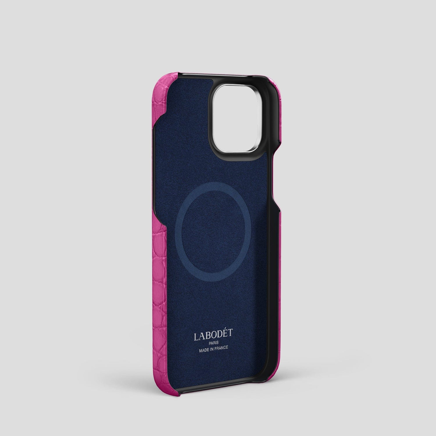 Fuchsia iPhone 15 Pro Bi-Fold Case Alligator with Steel Metal -5 | Fuchsia-Steel