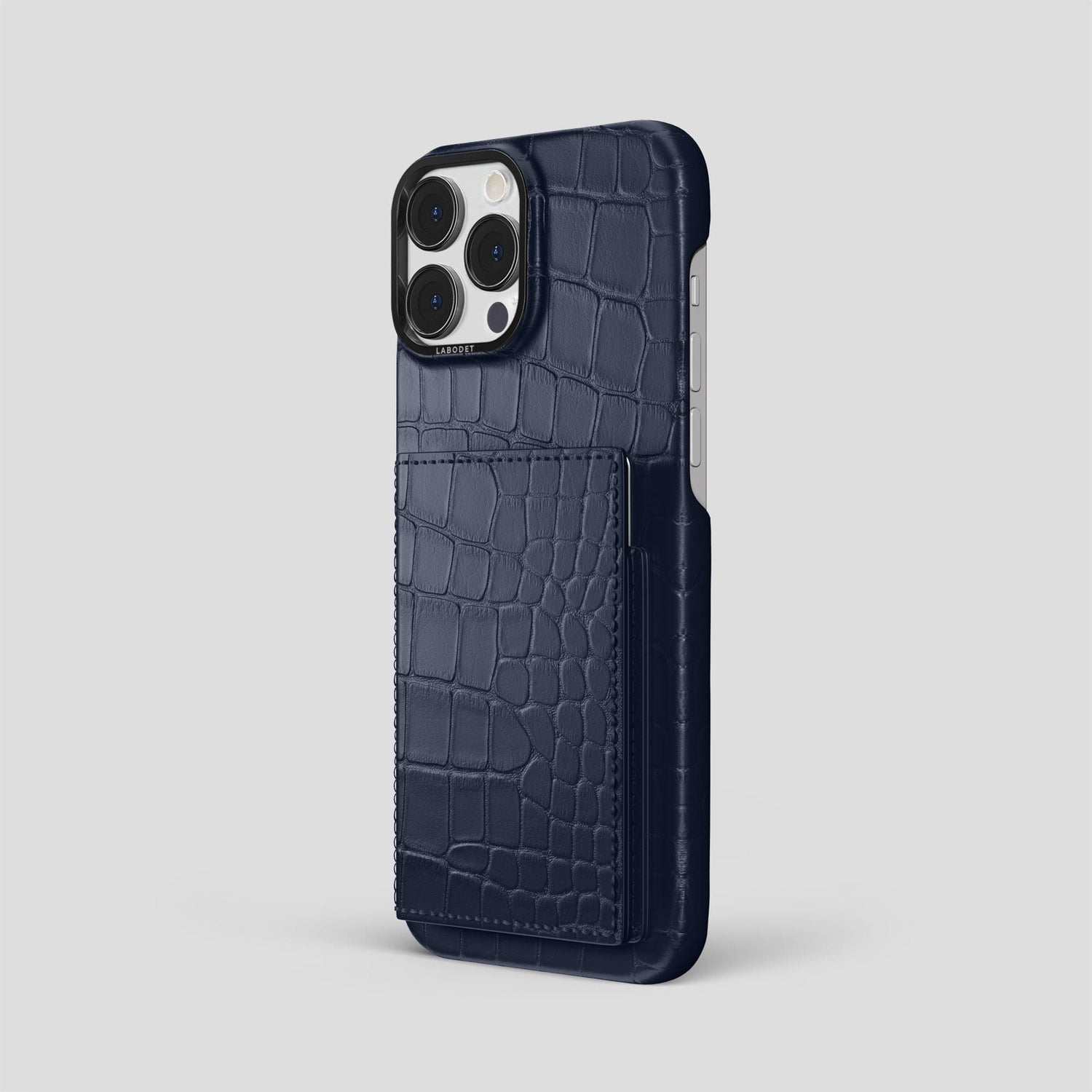 Navy Blue iPhone 15 Pro Max Bi-Fold Case Alligator with Black Metal -1 | Navy-Blue-Black