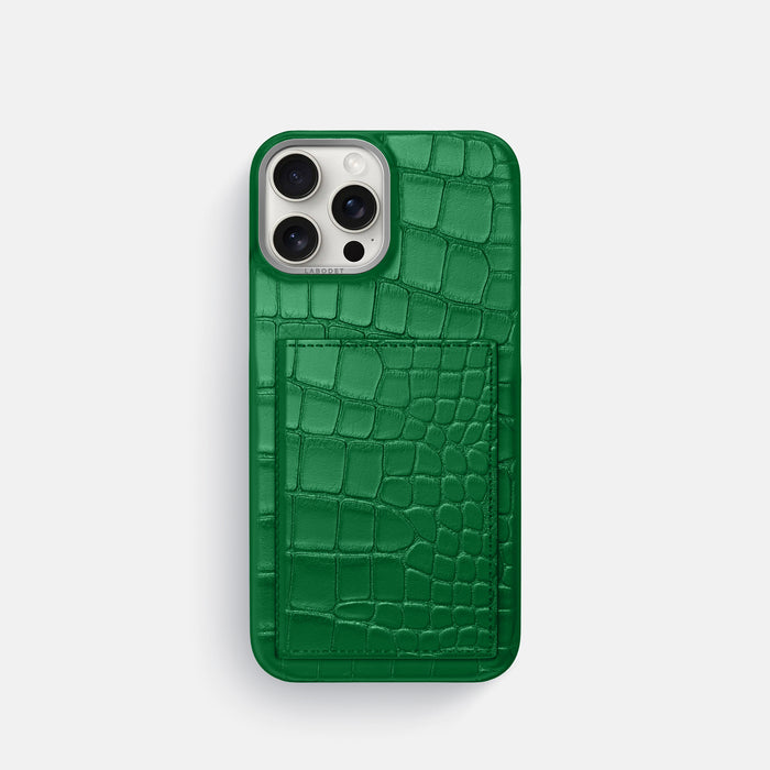 Forest-Green iPhone 16 Pro Bi-Fold Case In Alligator with Steel Metal -2 | Forest-Green-Steel