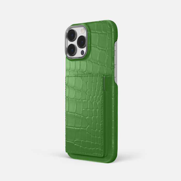 Apple-Green iPhone 16 Pro Max Bi-Fold Case Alligator with Steel Metal -1 | Apple-Green-Steel