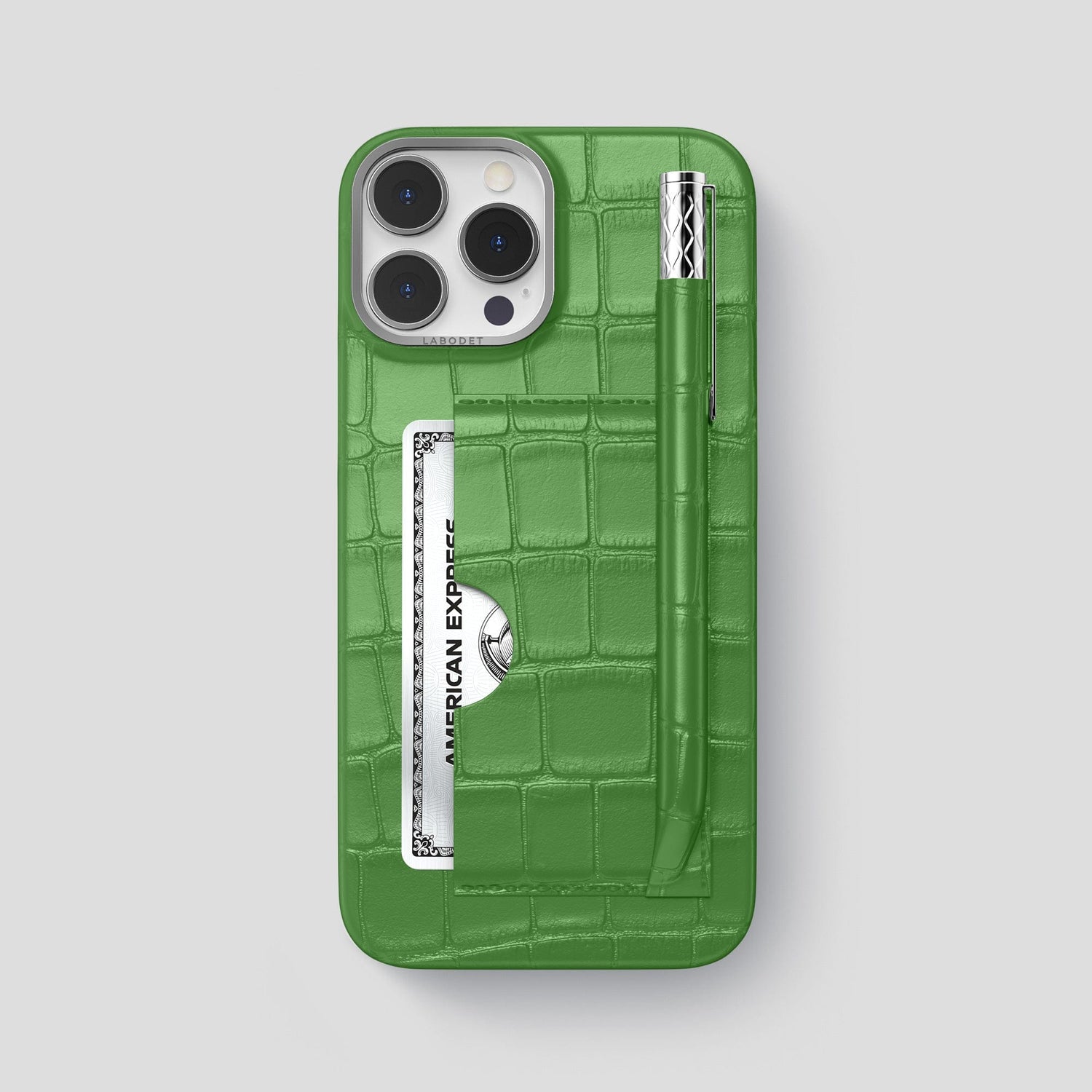 Apple-Green iPhone 14 Pro Max Card and Pen Holder Case Alligator with Steel Metal -1 | Apple-Green-Steel