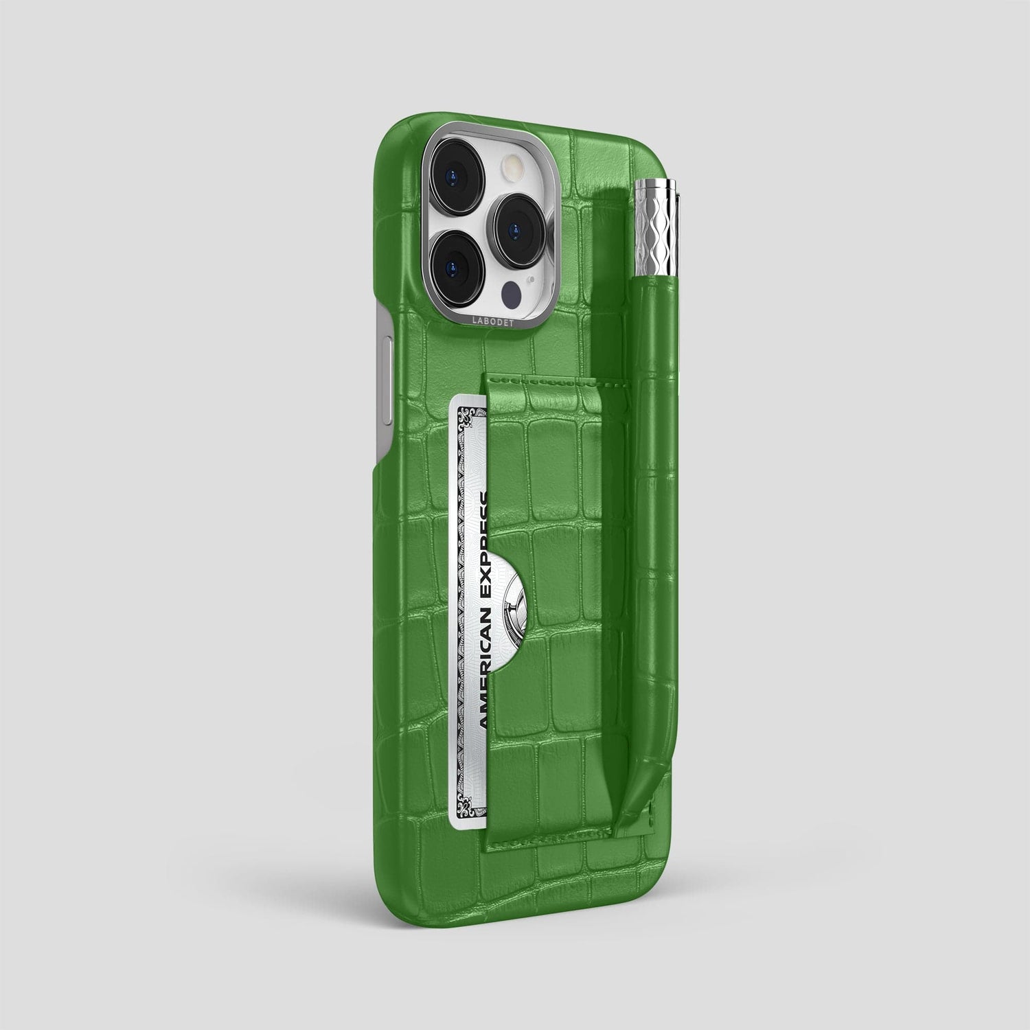 Apple-Green iPhone 14 Pro Max Card and Pen Holder Case Alligator with Steel Metal -2 | Apple-Green-Steel