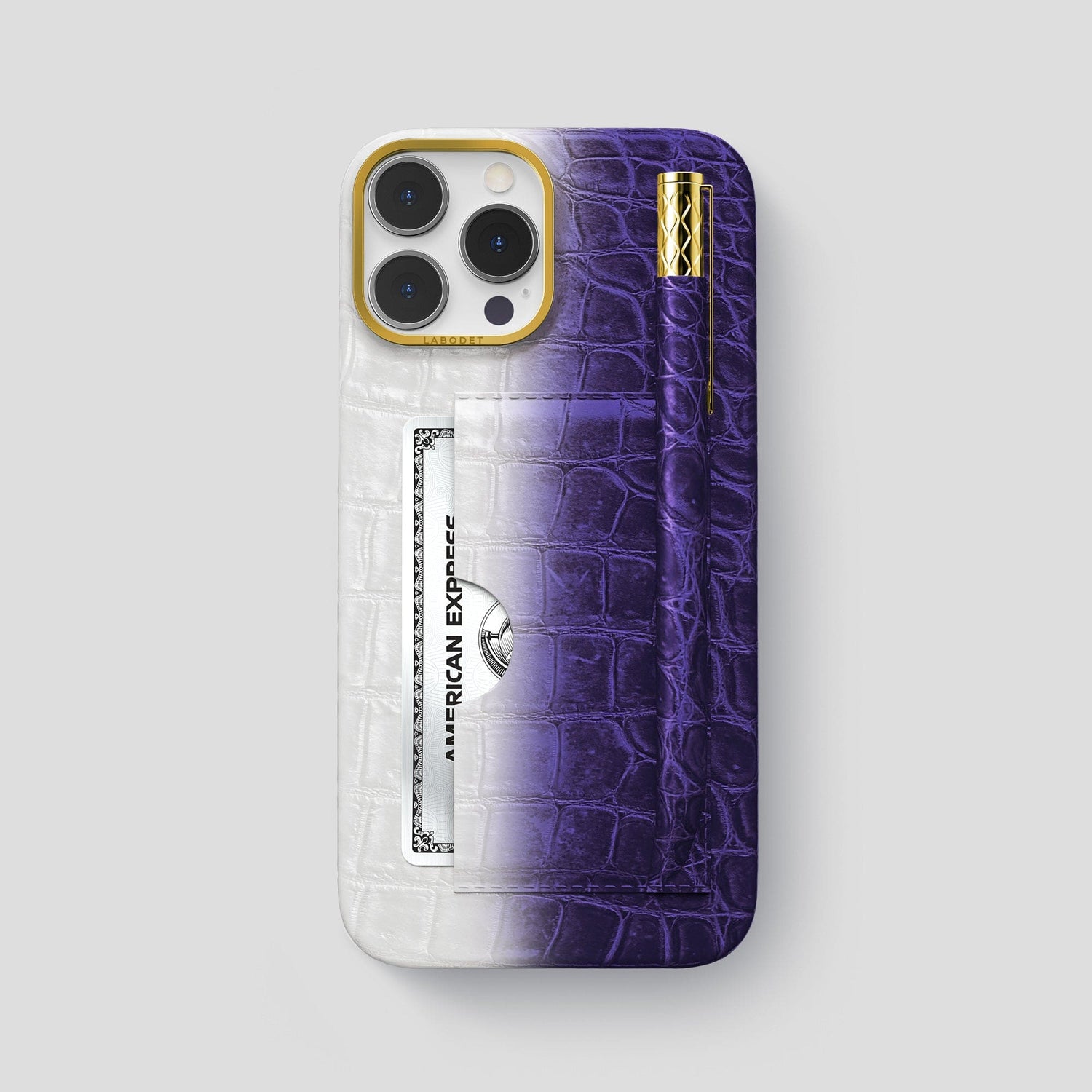 Purple iPhone 14 Pro Max Card and Pen Holder Case Himalayan Crocodile with Gold Metal -1 | Purple-Gold