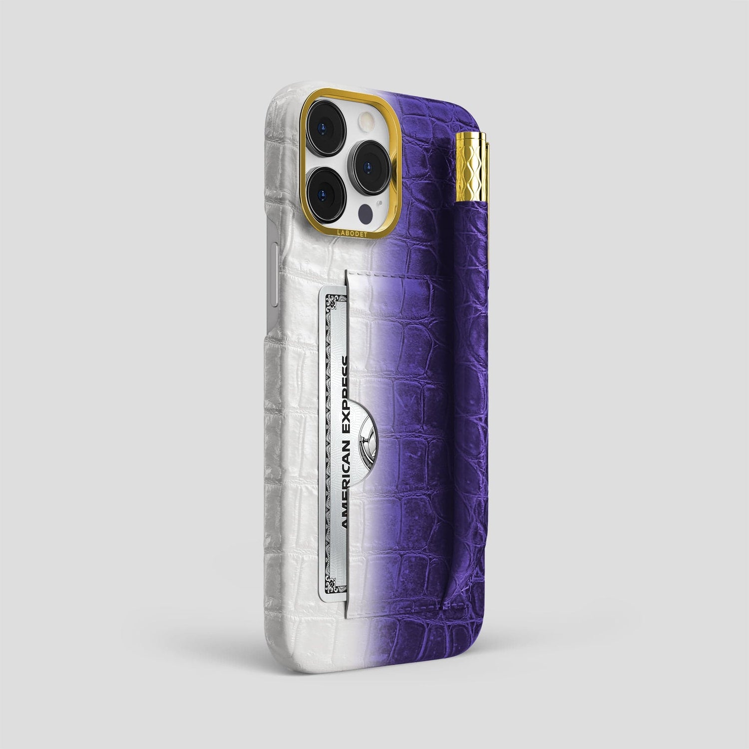 Purple iPhone 14 Pro Max Card and Pen Holder Case Himalayan Crocodile with Gold Metal -2 | Purple-Gold