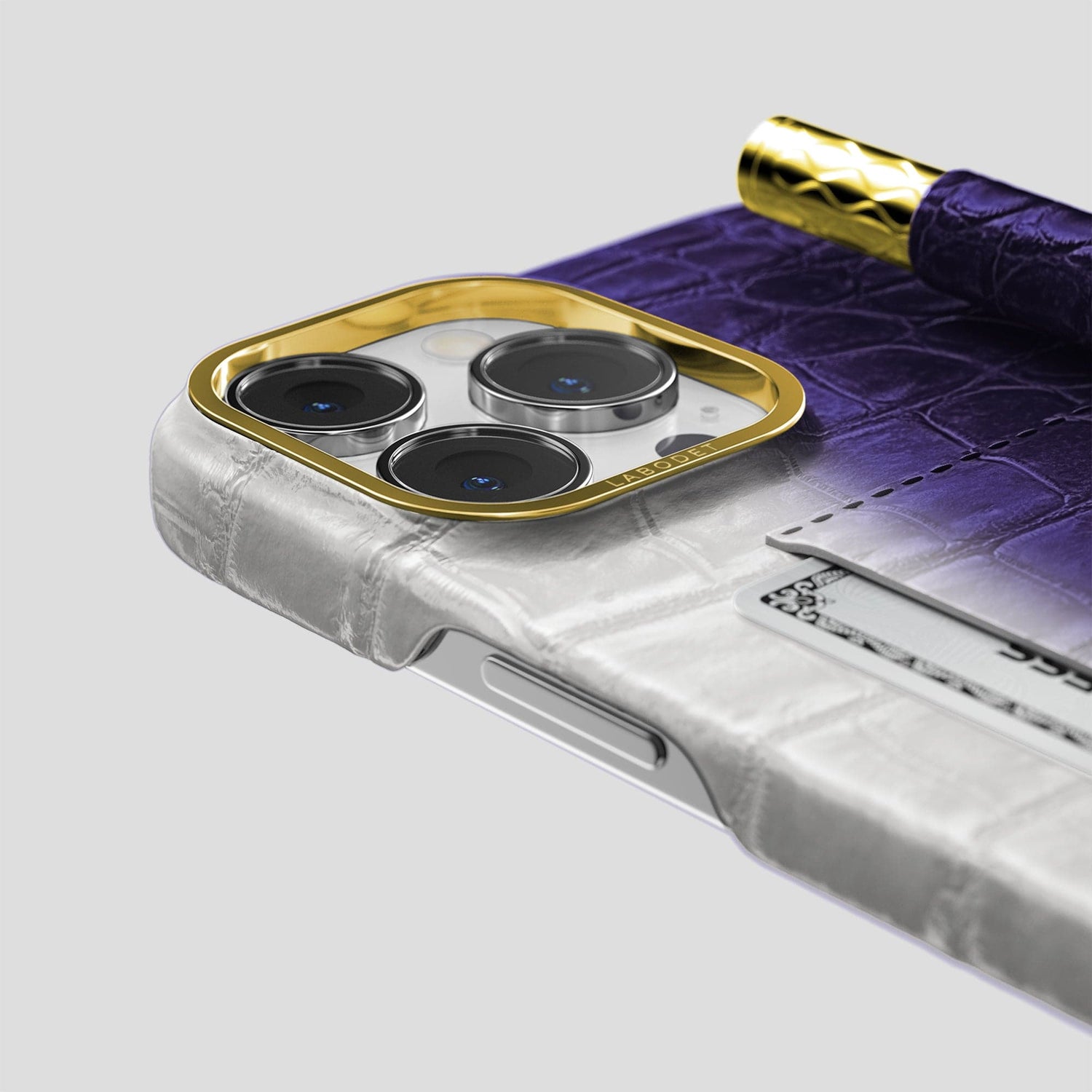 Purple iPhone 14 Pro Max Card and Pen Holder Case Himalayan Crocodile with Gold Metal -4 | Purple-Gold