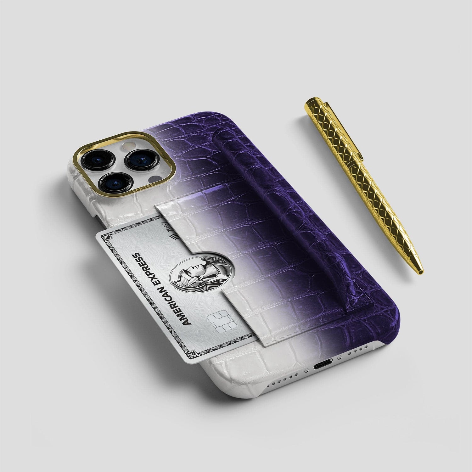 Purple iPhone 14 Pro Max Card and Pen Holder Case Himalayan Crocodile with Gold Metal -5 | Purple-Gold