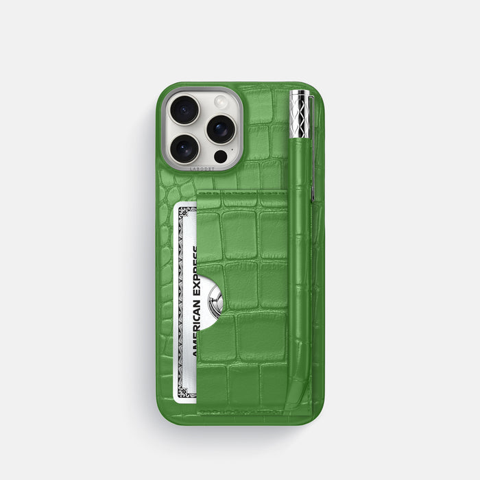 Apple-Green iPhone 16 Pro Card and Pen Holder Case Alligator with Steel Metal -1 | Apple-Green-Steel