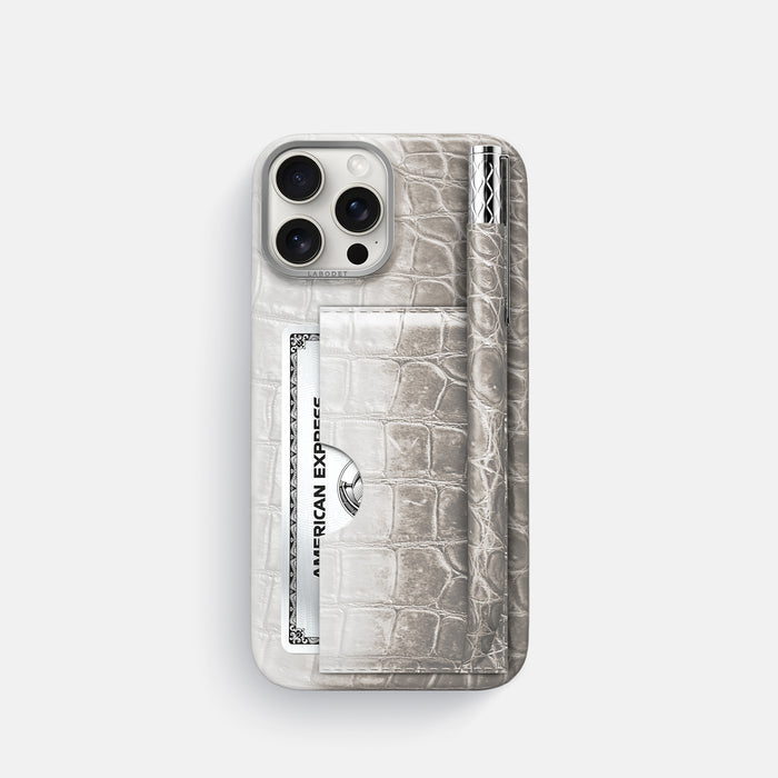 Grey iPhone 16 Pro Card and Pen Holder Case Himalayan Crocodile with Steel Metal -1 | Grey-Steel