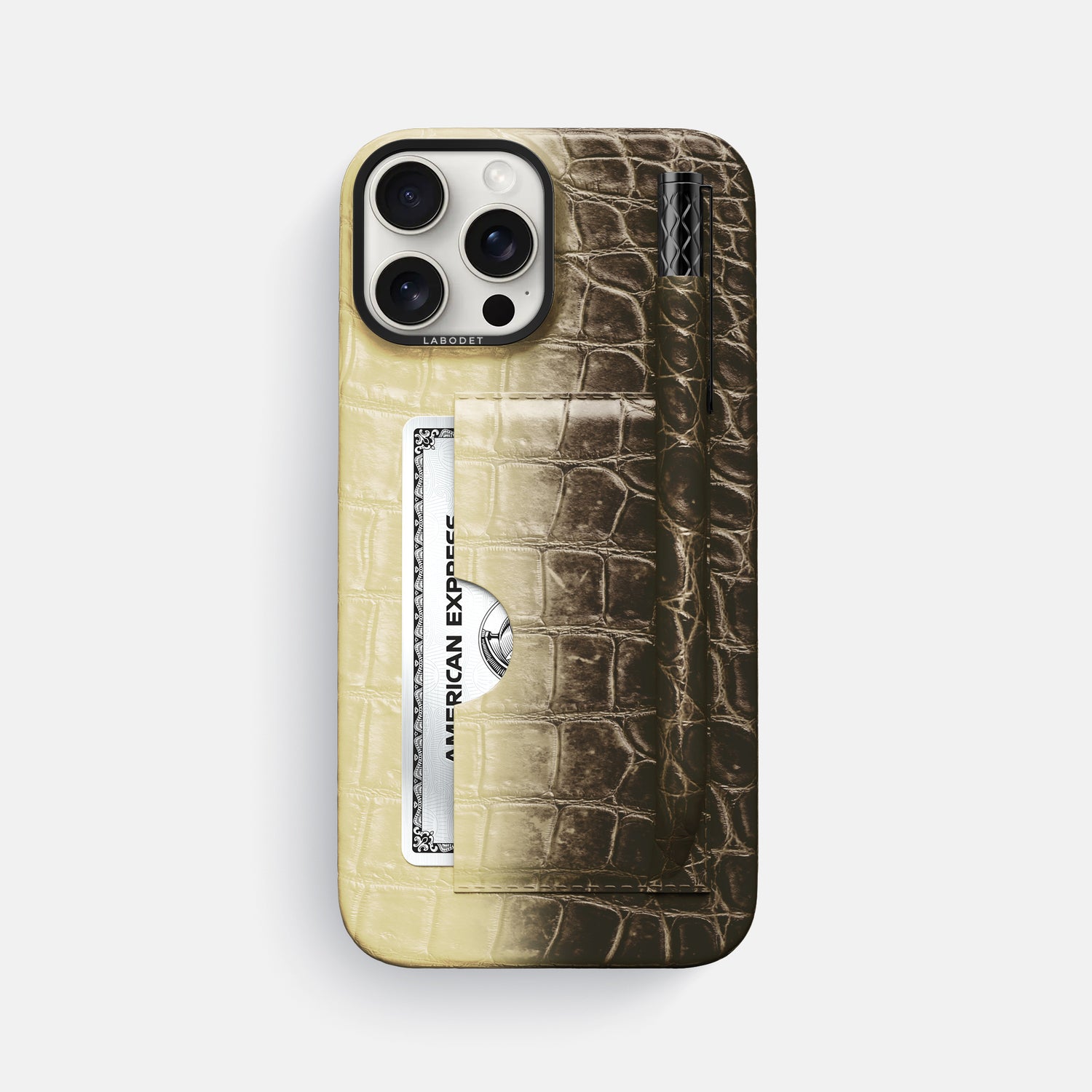 Natural iPhone 16 Pro Max Card and Pen Holder Case Himalayan Crocodile with Black Metal -1 | Natural-Black