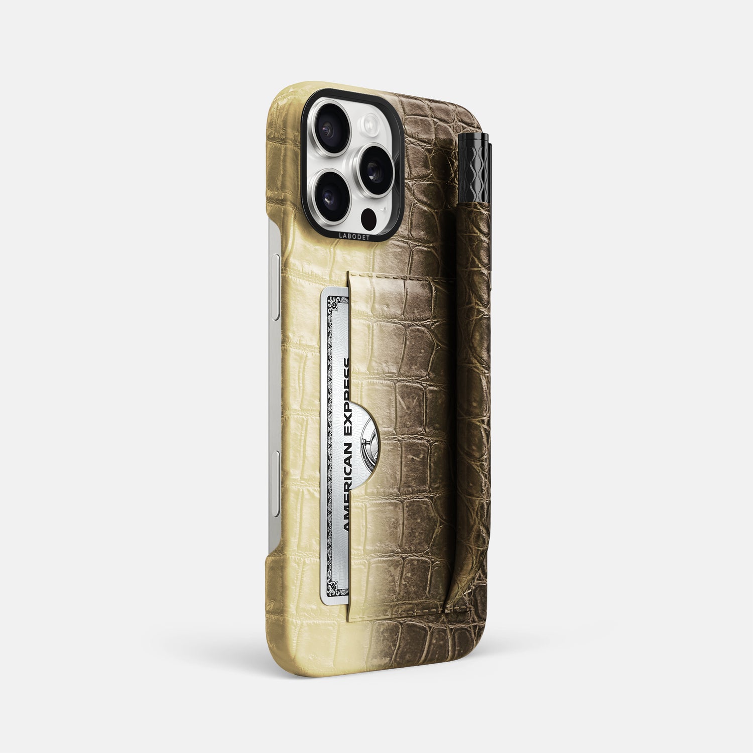 Natural iPhone 16 Pro Max Card and Pen Holder Case Himalayan Crocodile with Black Metal -2 | Natural-Black