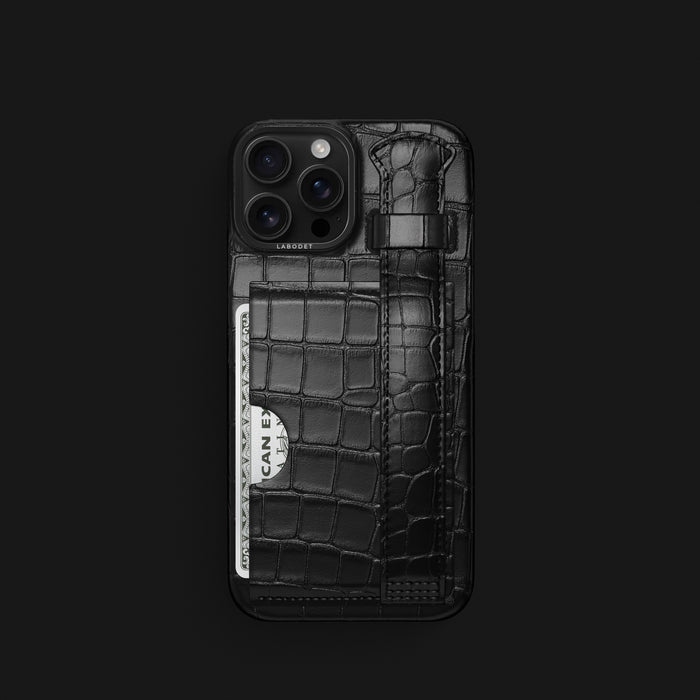 Edition-Black iPhone 16 Pro Cardholder Strap Case Alligator with Black Metal -1 | Edition-Black-Black