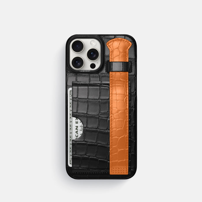 Black-Orange iPhone 16 Pro Cardholder Strap Case Coloré Alligator with Black Metal -1 | Black-Orange-Black