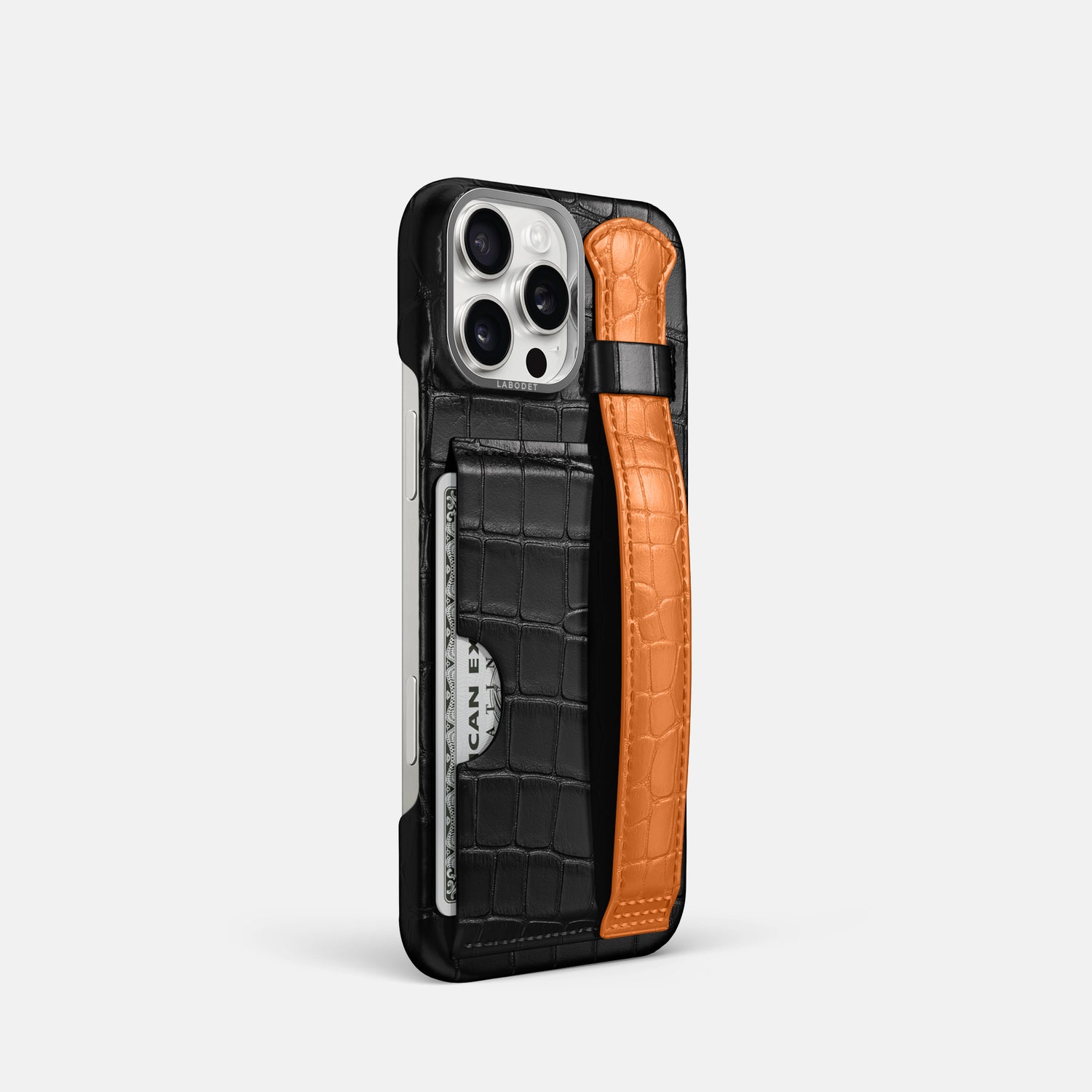 Black-Orange iPhone 16 Pro Cardholder Strap Case Coloré Alligator with Steel Metal -2 | Black-Orange-Steel
