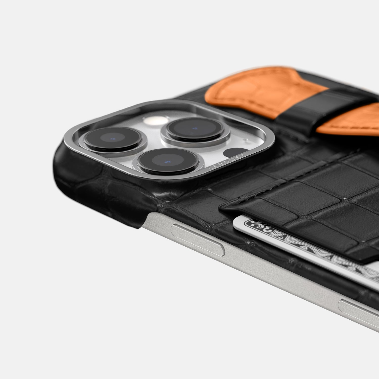 Black-Orange iPhone 16 Pro Cardholder Strap Case Coloré Alligator with Steel Metal -5 | Black-Orange-Steel