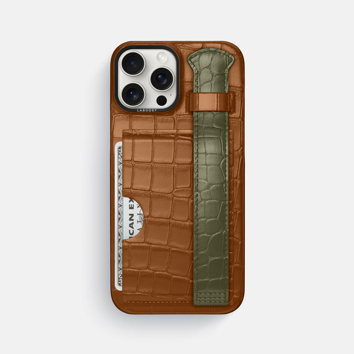 Honey iPhone 16 Pro Max Cardholder Strap Case Coloré Alligator with Black Metal -1 | Honey-Kaki-Green-Black