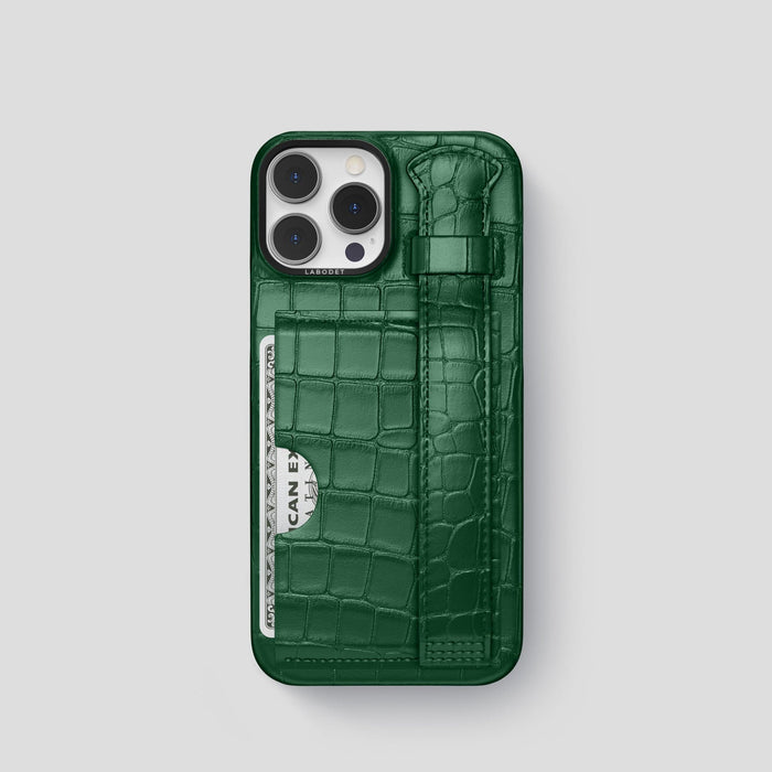 Forest-Green iPhone 14 Pro Cardholder Strap Case Alligator with Black Metal -1 | Forest-Green-Black