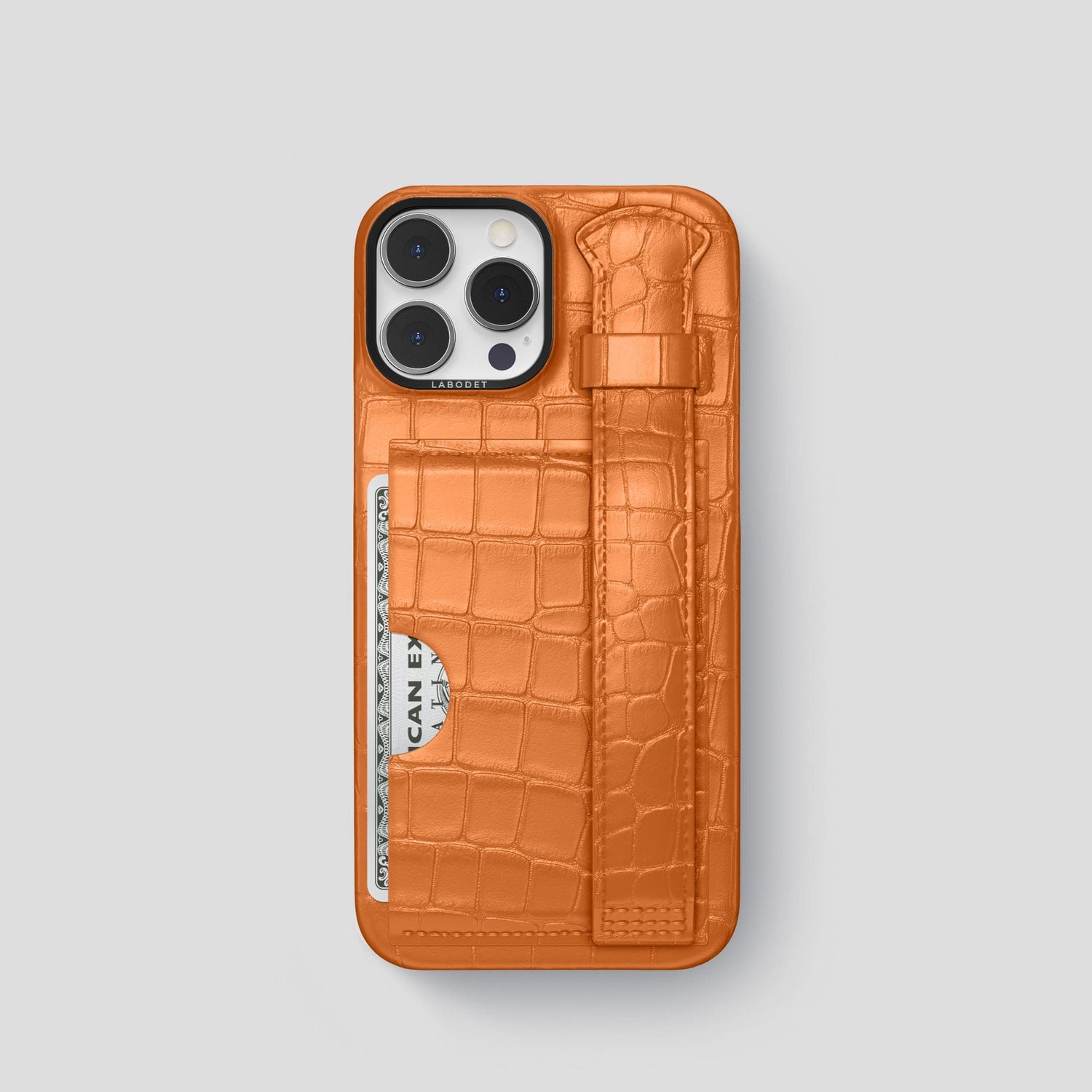 Orange iPhone 14 Pro Cardholder Strap Case Alligator with Black Metal -1 | Orange-Black