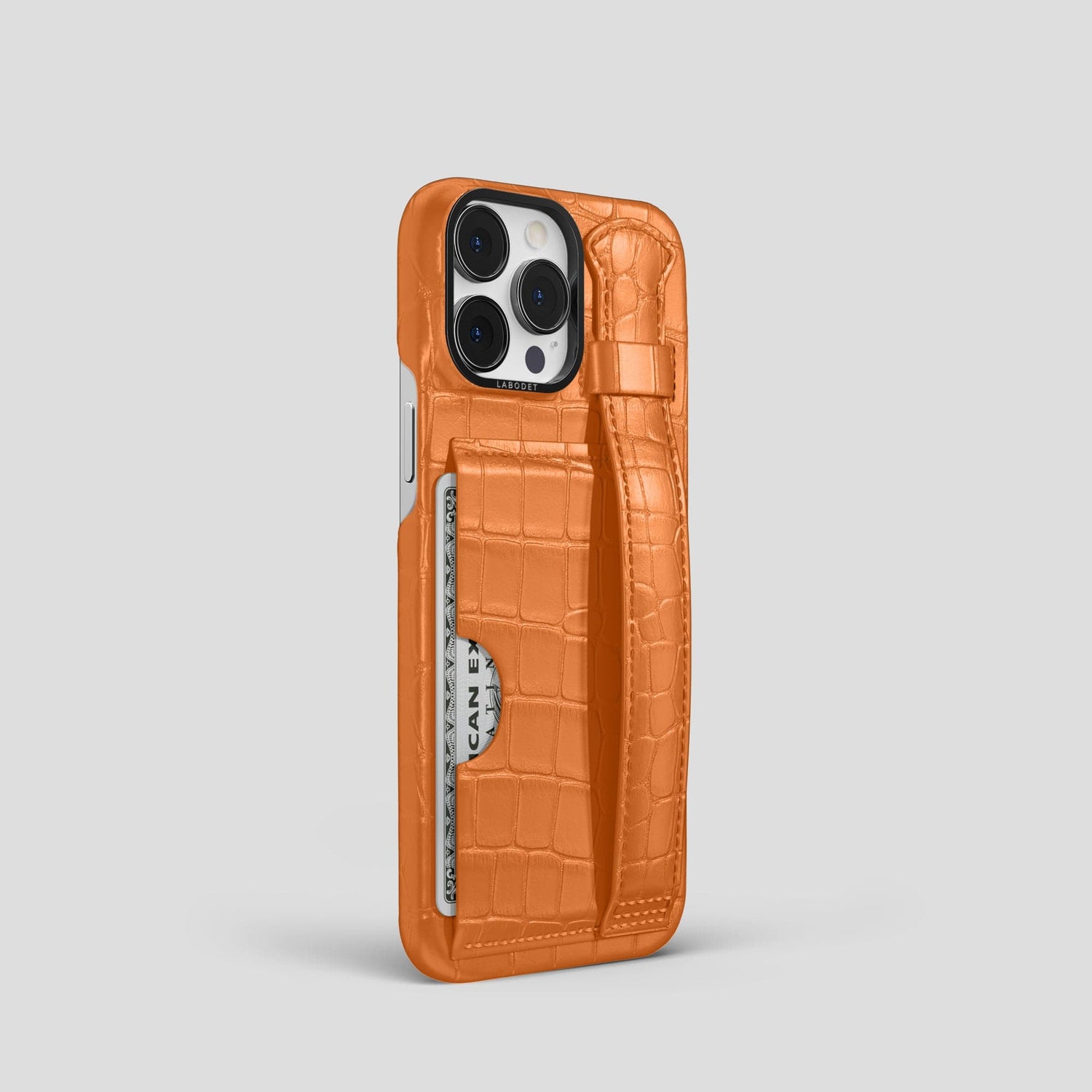 Orange iPhone 14 Pro Cardholder Strap Case Alligator with Black Metal -2 | Orange-Black