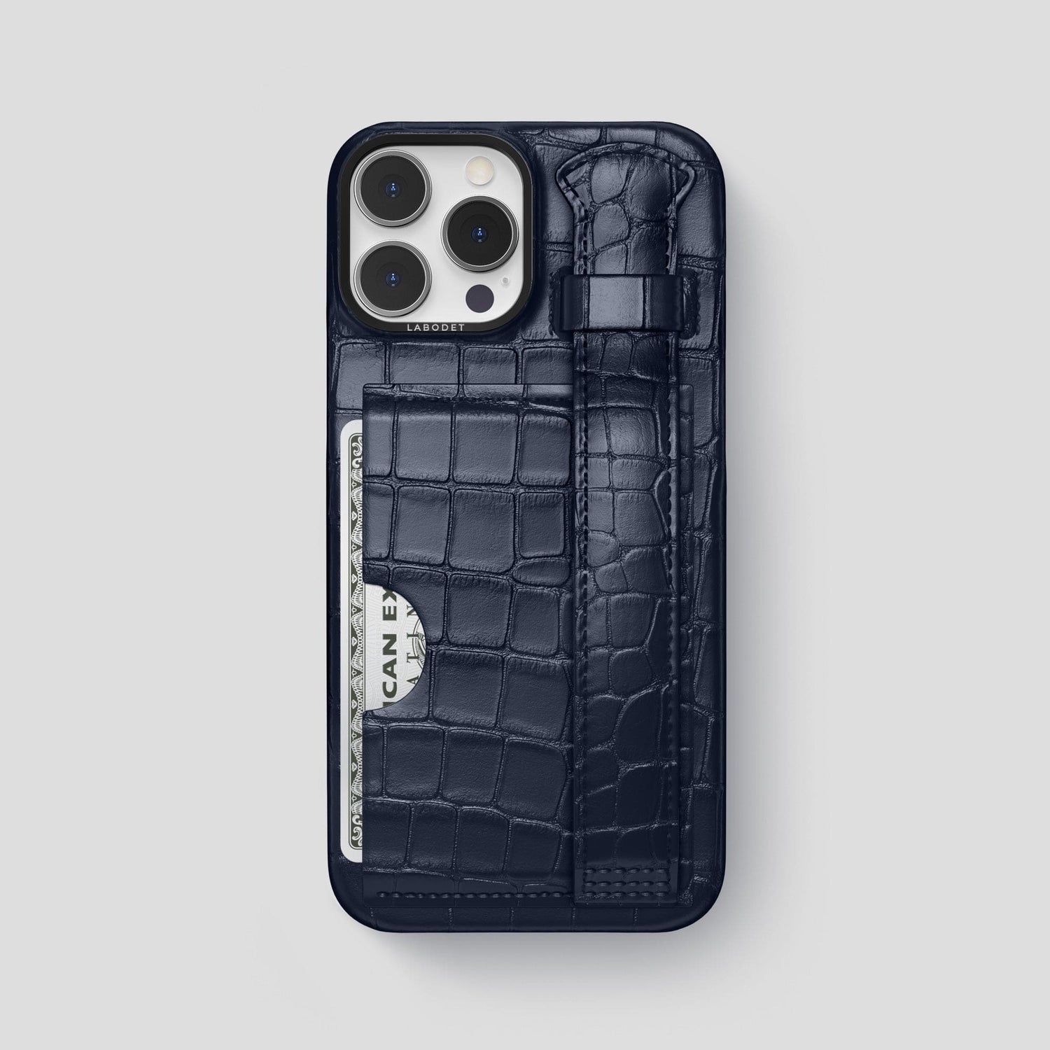 Navy Blue iPhone 14 Pro Max Cardholder Strap Case Alligator with Black Metal -1 | Navy-Blue-Black
