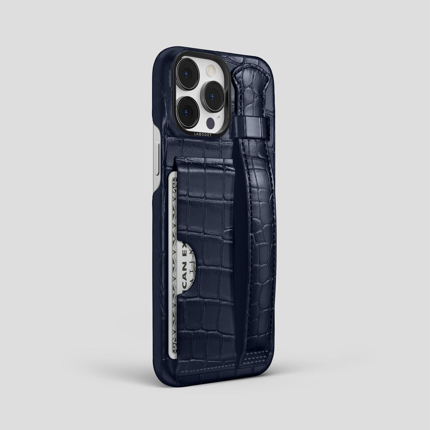 Navy Blue iPhone 14 Pro Max Cardholder Strap Case Alligator with Black Metal -2 | Navy-Blue-Black