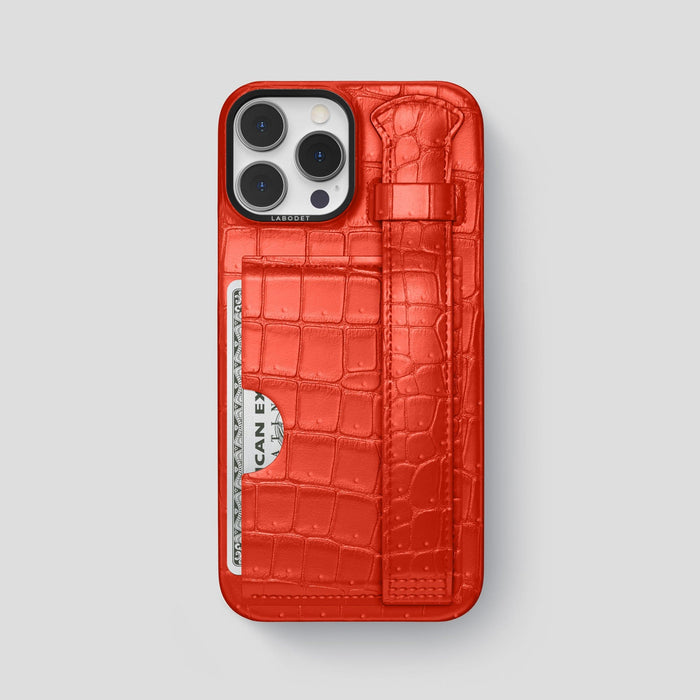 Rust iPhone 15 Pro Max Cardholder Strap Case Porosus Crocodile with Black Metal -1 | Rust-Black