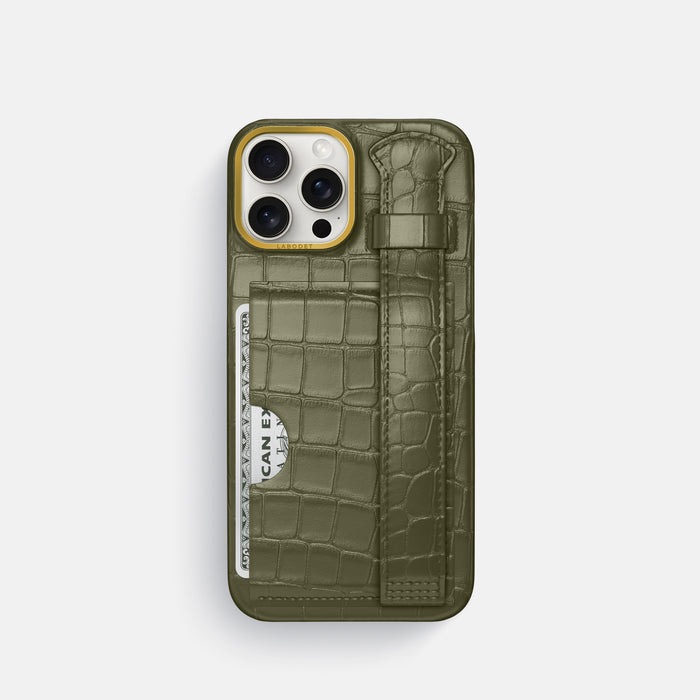 Kaki-Green iPhone 16 Pro Cardholder Strap Case In Alligator with Gold Metal -1 | Kaki-Green-Gold