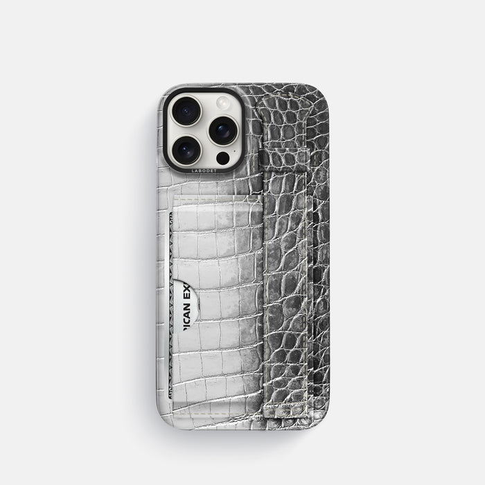 Silver iPhone 16 Pro Cardholder Strap Himalayan Crocodile with Black Metal -1 | Silver-Black