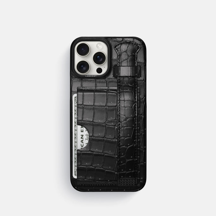 Black iPhone 16 Pro Cardholder Strap Case Porosus Crocodile with Black Metal -1 | Black-Black