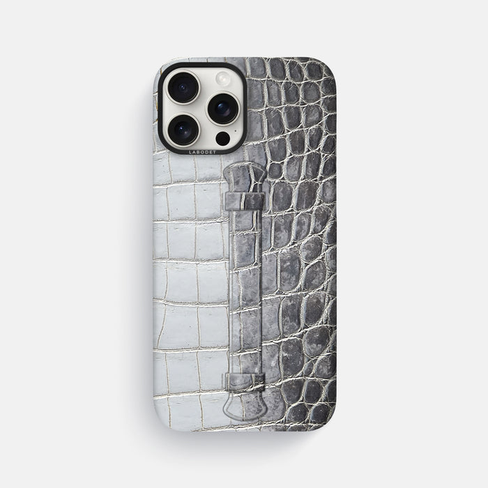 Silver iPhone 16 Pro Max Center Handle Himalayan Crocodile with Black Metal -1 | Silver-Black