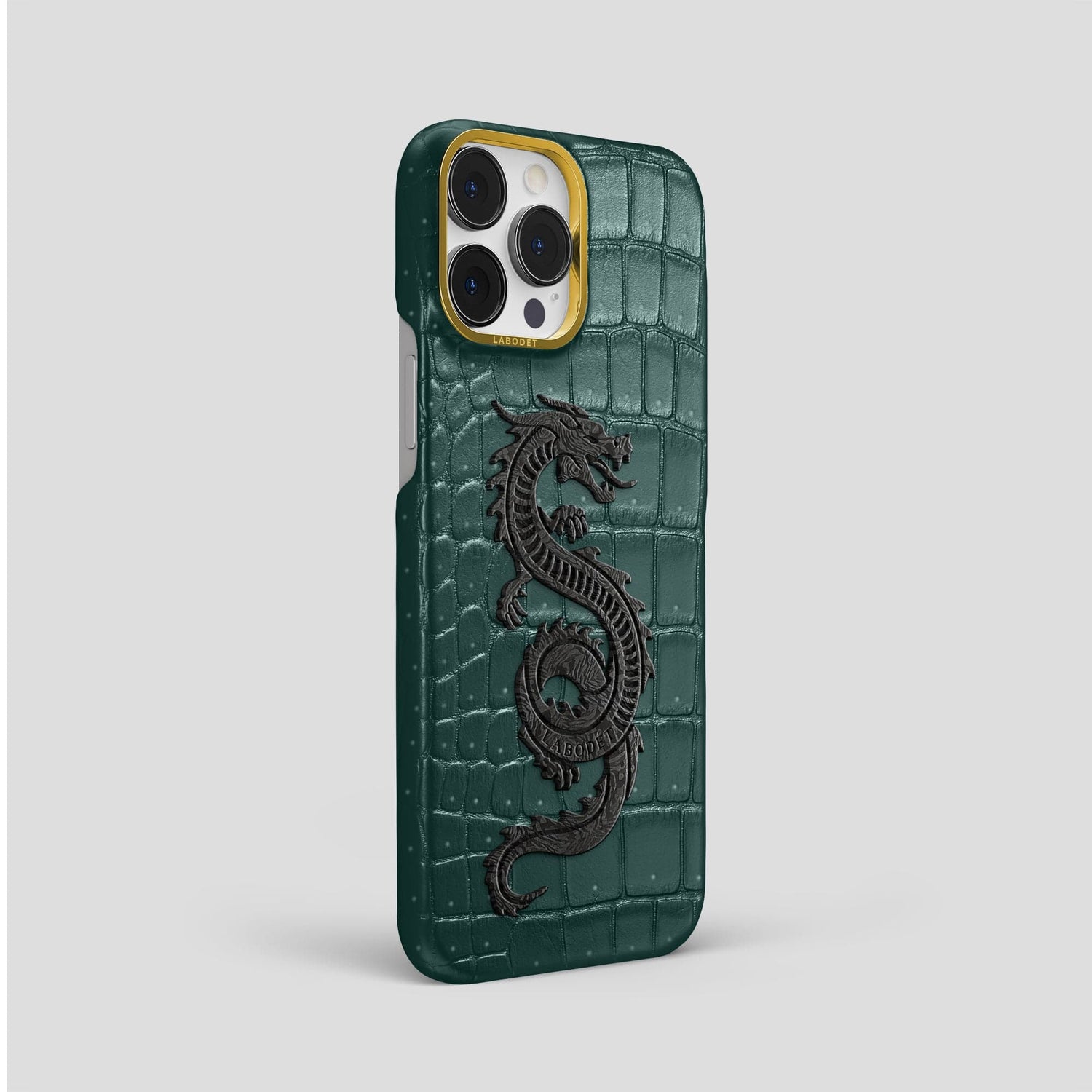 Dark-Forest iPhone 15 Pro Max Classic Case Porosus Crocodile with Gold Metal -2 | Dark-Forest-Gold