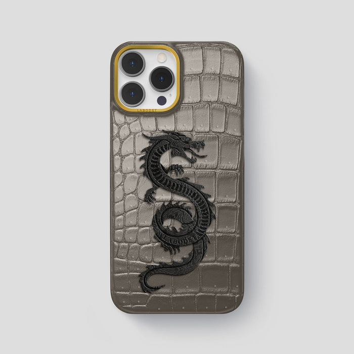 Lava-Stone iPhone 15 Pro Max Classic Case Porosus Crocodile with Gold Metal -1 | Lava-Stone-Gold
