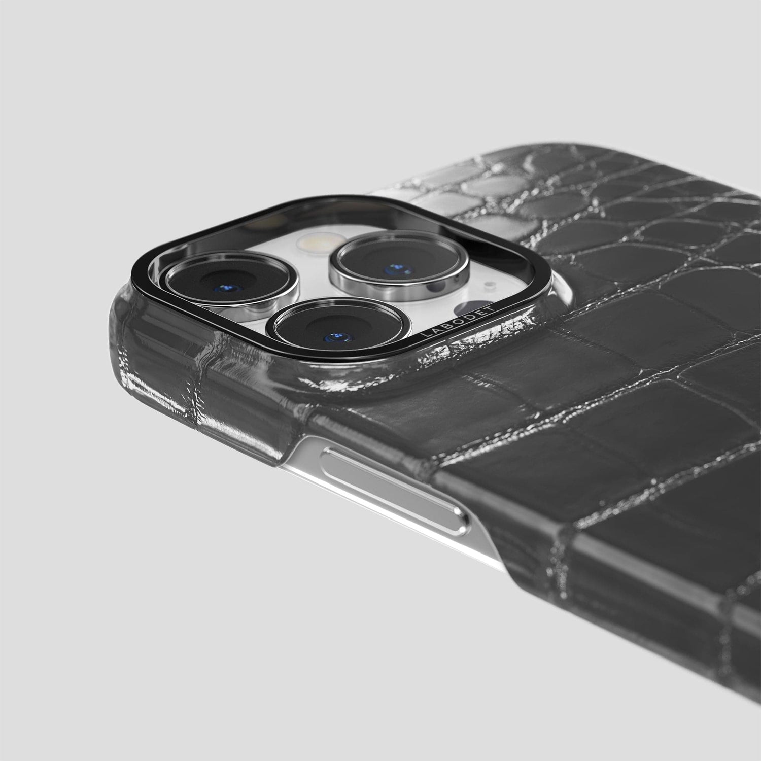 Grey iPhone 15 Pro Max Classic Case Patina Alligator with Black Metal -6 | Grey-Black