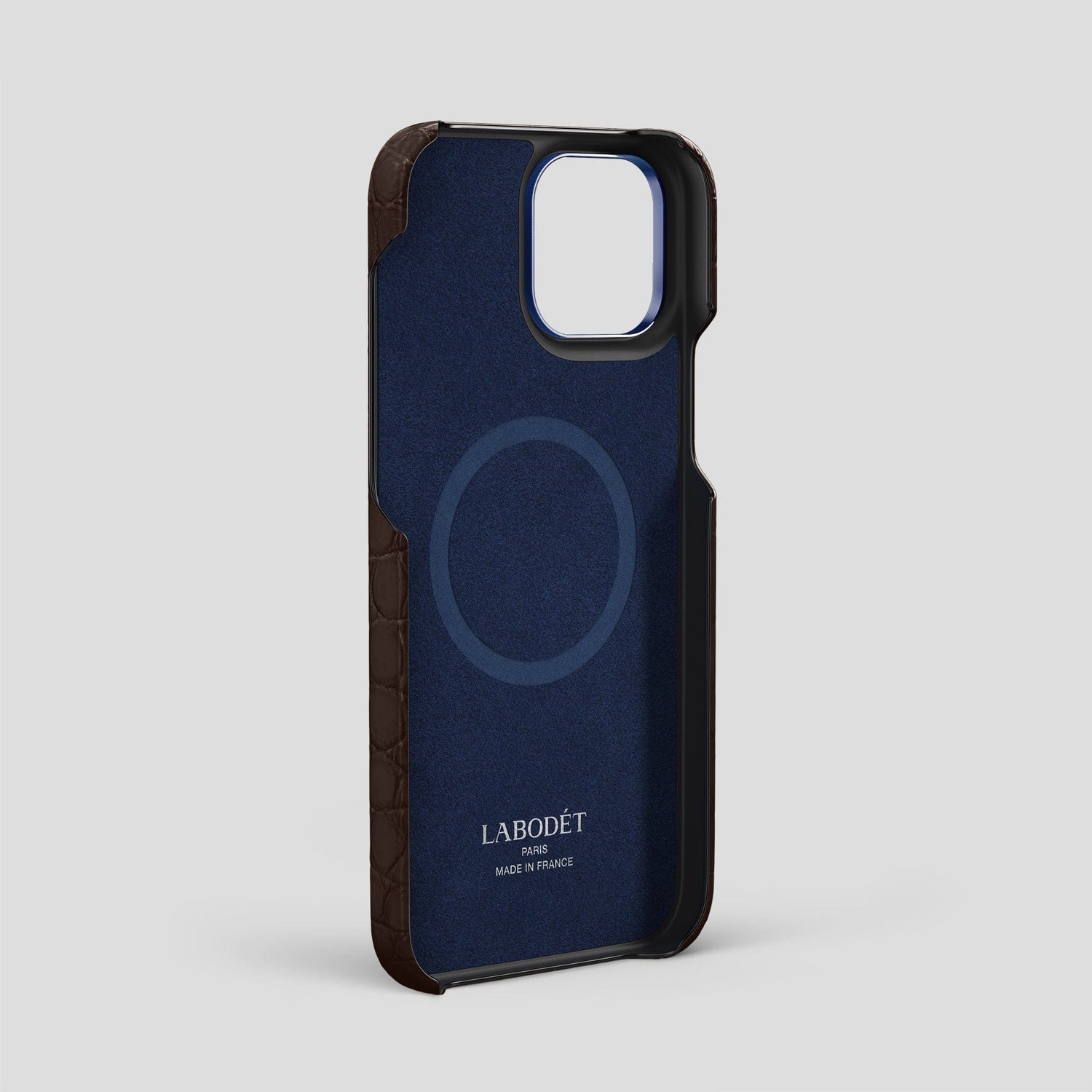 Dark-Brown iPhone 15 Pro Max Classic Case Alligator with Blue Metal -4 | Dark-Brown-Blue