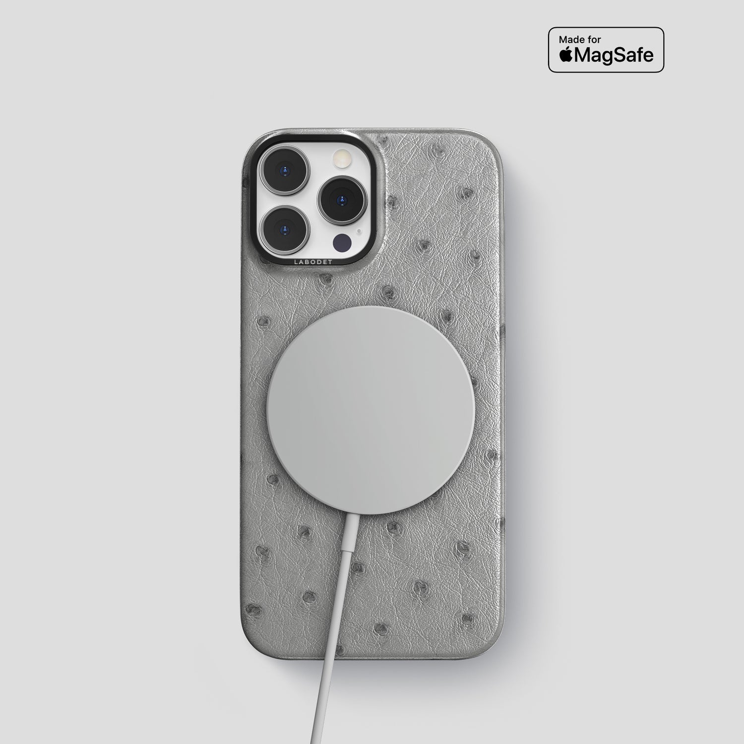 Silver iPhone 15 Pro Classic Case Ostrich with Black Metal -4 | Silver-Black