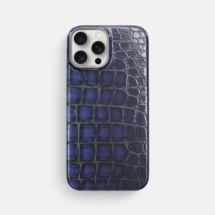Havana-Blue iPhone 16 Pro Max Classic Case Patina Alligator with Steel Metal -1 | Havana-Blue-Steel
