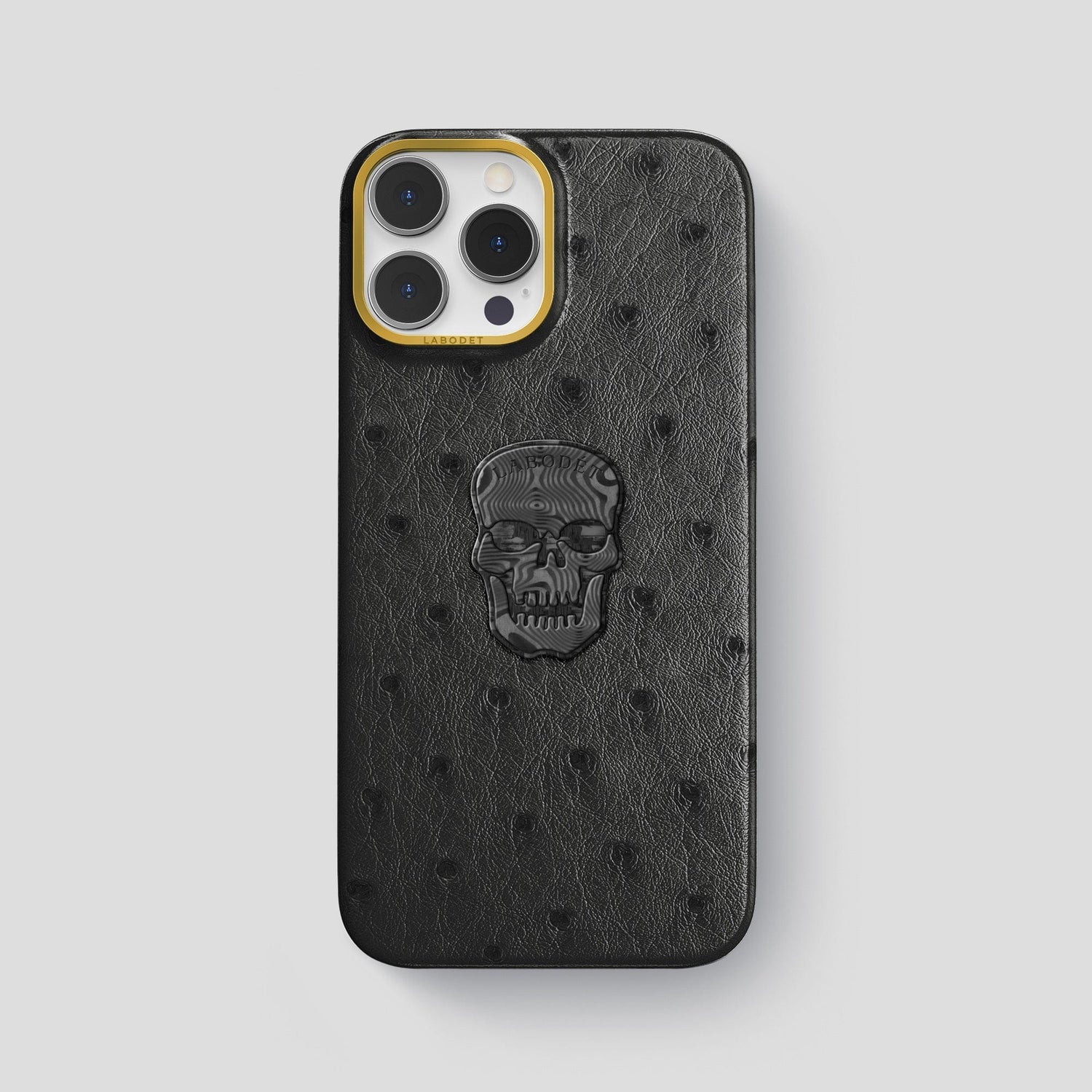 Black iPhone 15 Pro Max Classic Case Ostrich with Gold Metal -1 | Black-Gold