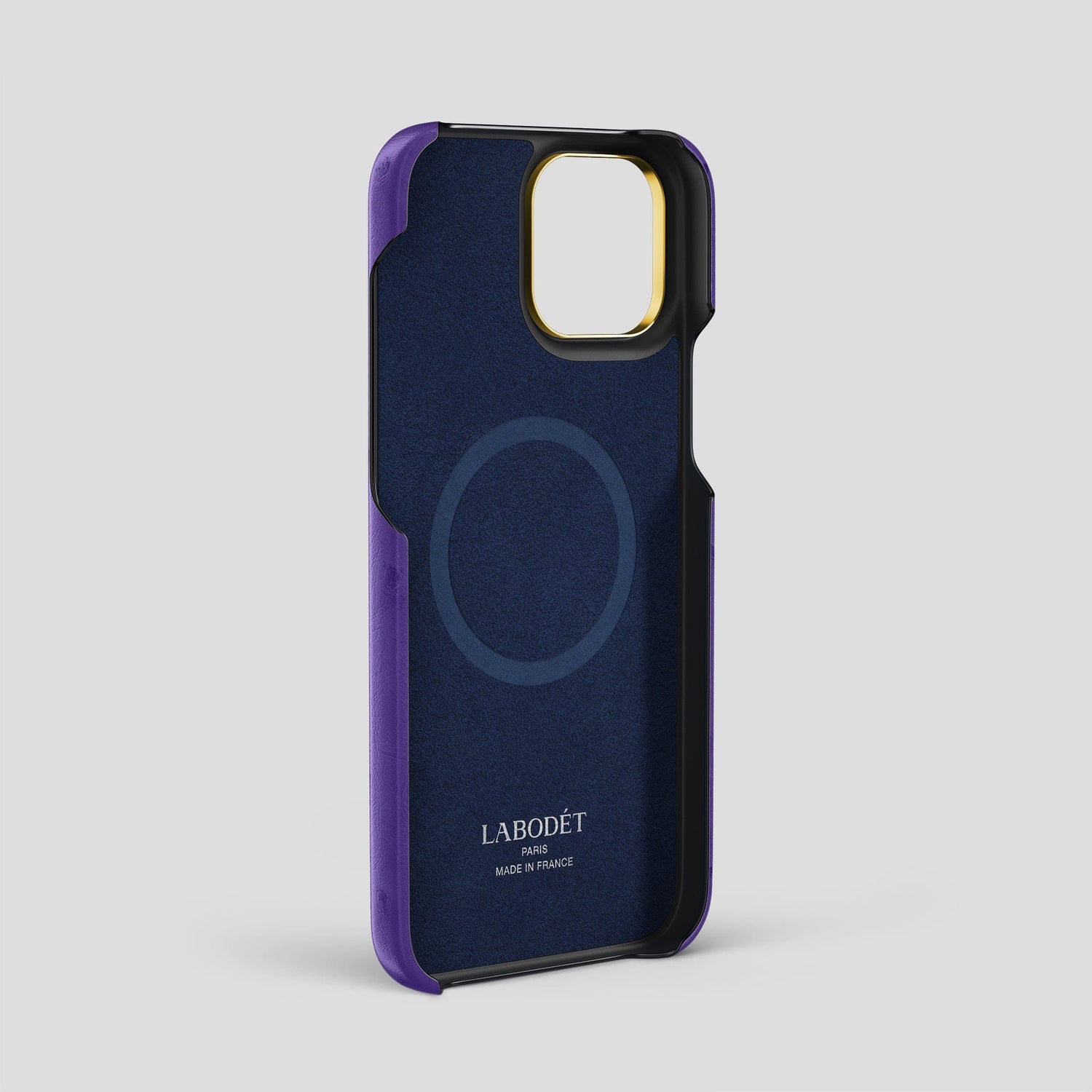 Purple iPhone 15 Pro Max Classic Case Ostrich with Gold Metal -4 | Purple-Gold