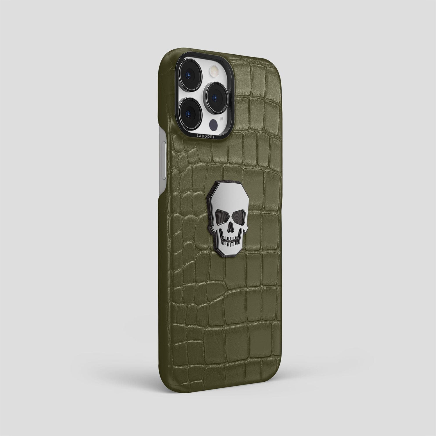 Kaki-Green iPhone 15 Pro Max Classic Case With Titanium Skull Alligator with Black Metal -2 | Kaki-Green-Black