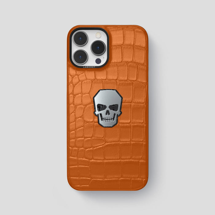 Orange iPhone 15 Pro Max Classic Case With Titanium Skull Alligator with Black Metal -1 | Orange-Black